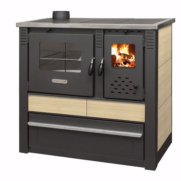 Bild von Küchenherd Holzofen PANONIA mit Kacheln creme - 10,5 kW Dauerbrandherd - linke Version